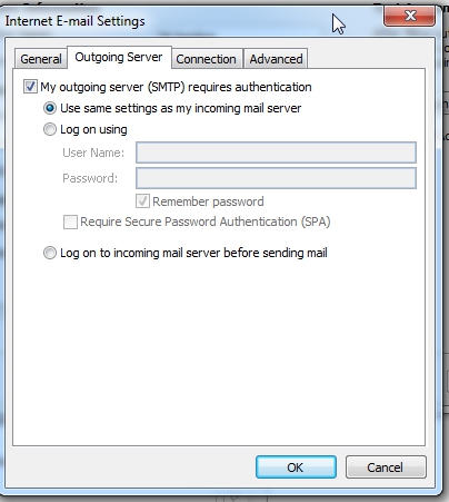 Al terminar, haz click en More Settings y configura la pestaña de Outgoing Server como se muestra.